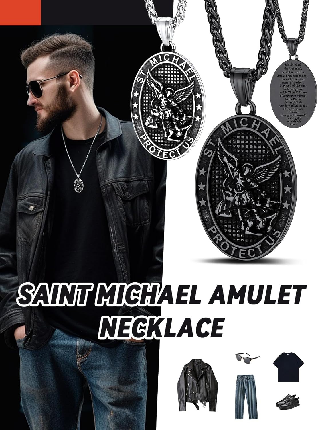 FaithHeart Saint Michael Necklace, Stainless Steel/18K Gold Plated St Michael the Archangel Pendant Amulet for Men Women with Gift Packaging