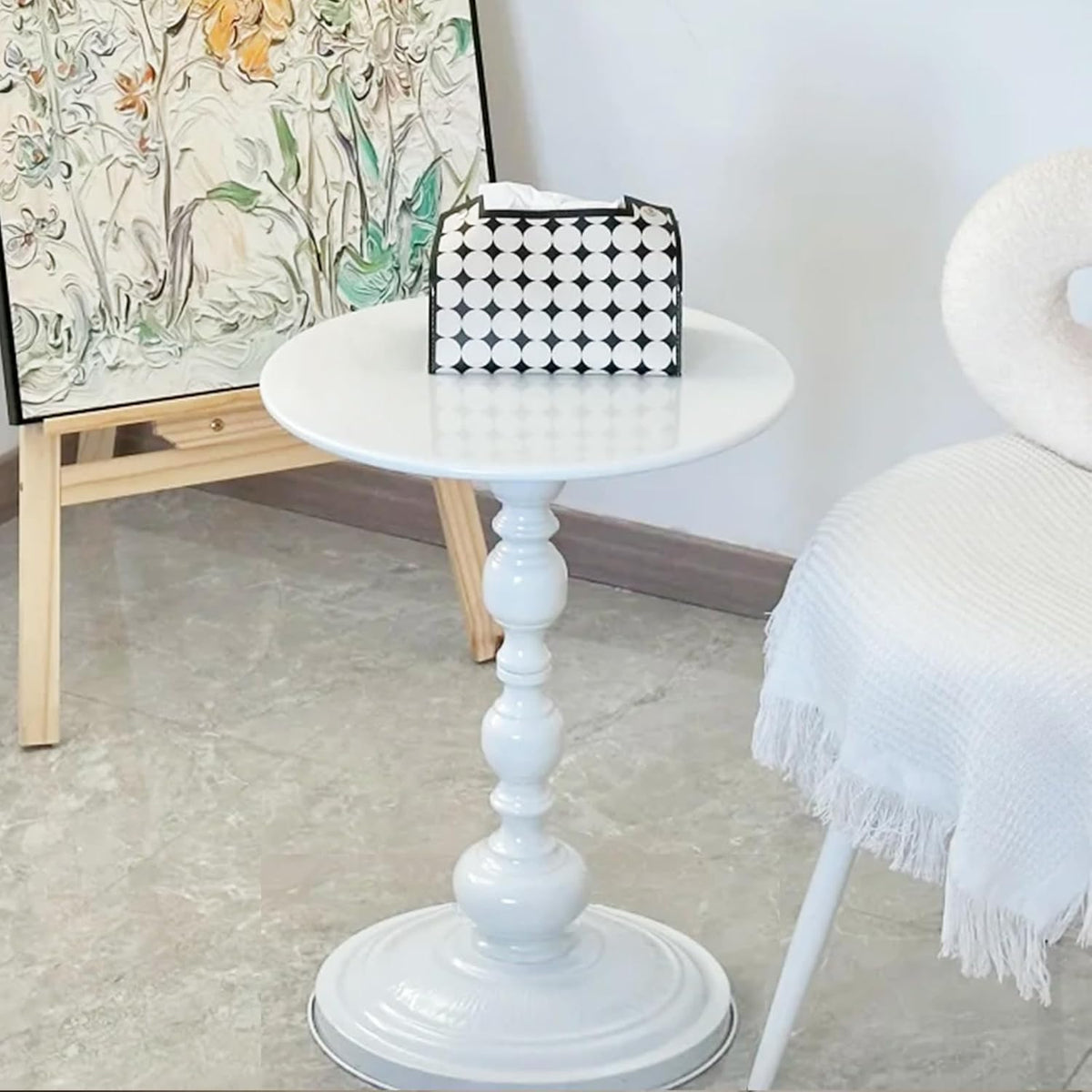 Pedestal White Metal Side Table, Small Sofa Coffee Table, Small TV Tray Table for The Sofa In the Living Room and Bedroom, Mini Coffee Table is Lightweight and Convenient to Move, 20.47 (H) *11.8 (W)