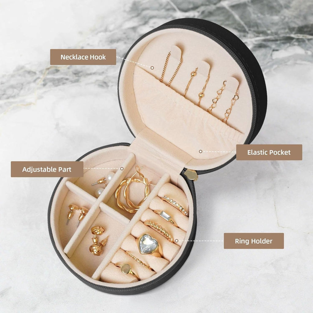 Petoskey Stone Printed Leather Jewelry Box, Black Round Jewelry Organizer for Earrings, Rings, Necklaces, Bracelets