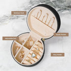 Petoskey Stone Printed Leather Jewelry Box, Black Round Jewelry Organizer for Earrings, Rings, Necklaces, Bracelets