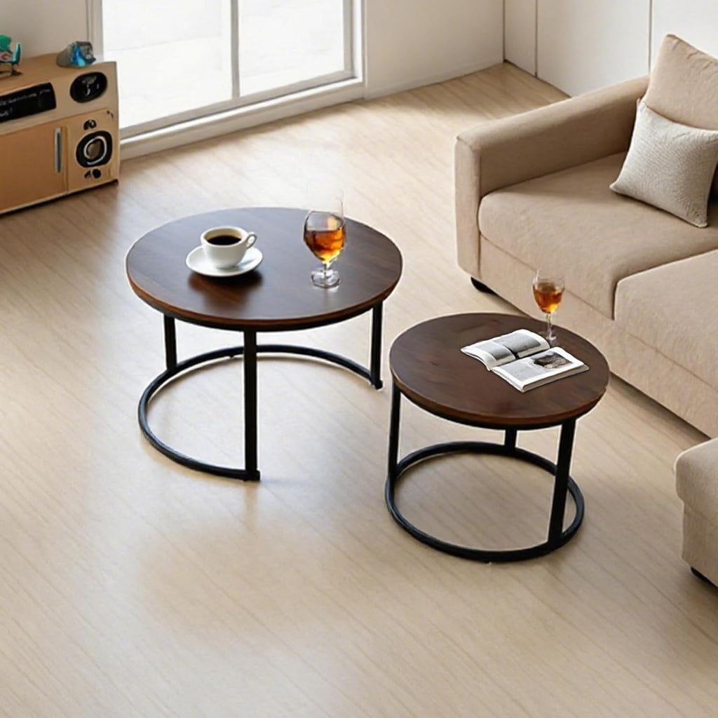 FAHKNS Nesting Coffee Table Set of 2, 27.56" & 19.68" Round Simple Industrial Side Tables for Living Room with Wood Top & Metal Base, Space-Saving Furniture for Small Spaces