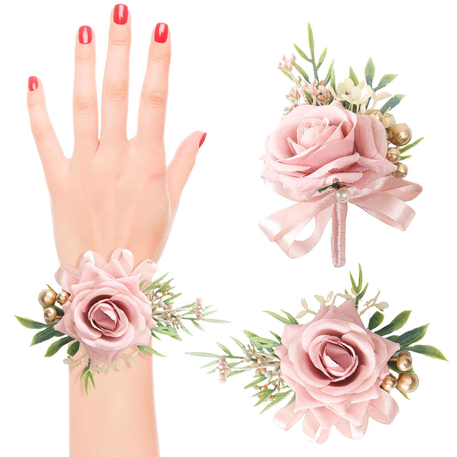 AEDOVE 2 Pcs Pink Rose Wrist Corsage and Boutonniere Set, Rose Corsage Hand for Women, Boutonniere for Men Wedding Artificial Flowers Accessories Prom Decor, Wedding Flower Party Accessories (Pink)