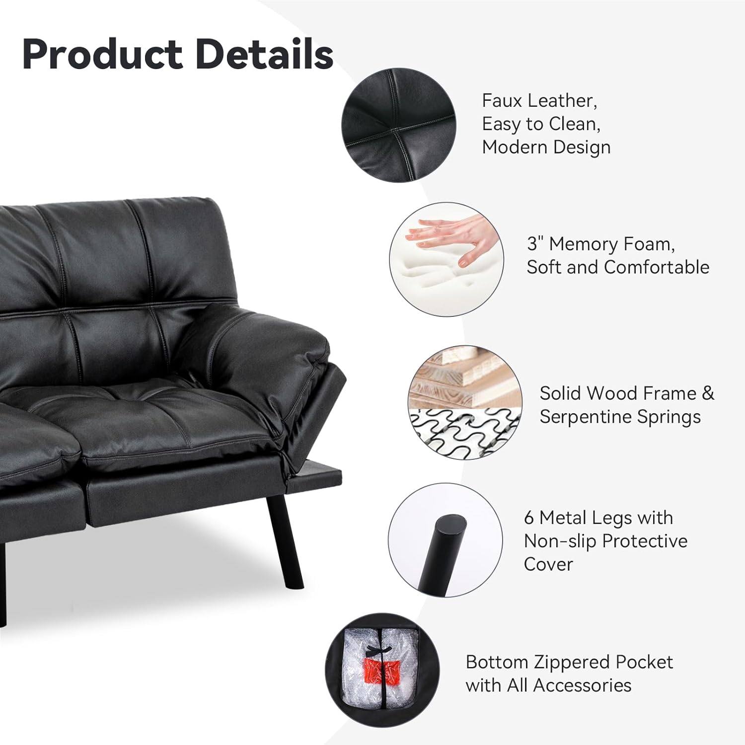 Convertible Faux Leather Futon Sofa Couch,Memory Foam Futon Couch Bed,Loveseat Sleeper Sofa Bed,Small Splitback Modern Folding Sofa Bed for Living Room,Office,Apartment,Matte Black