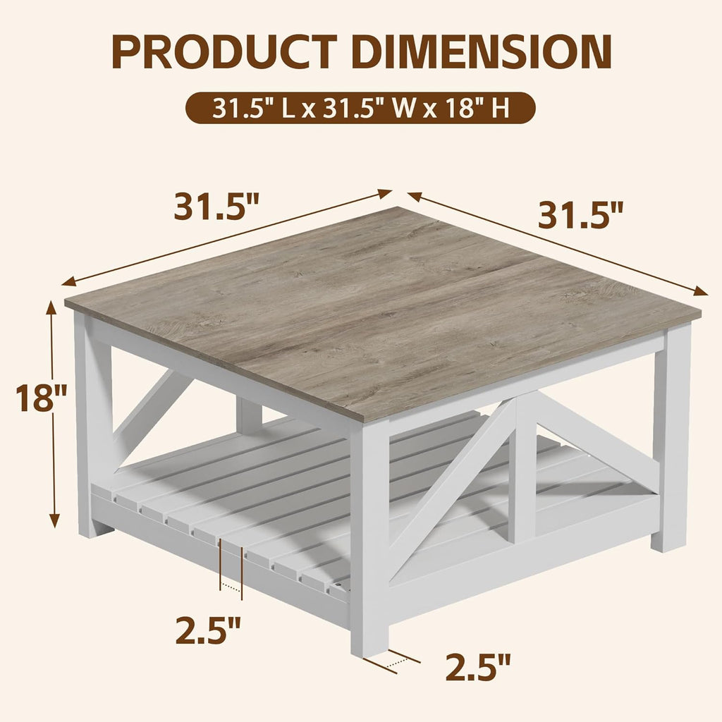 JUMMICO Square Coffee Table with Dual Storage Compartments, Modern Wood Cocktail Table for Living Room, Farmhouse Lounge & Office Reception (Gray & White)