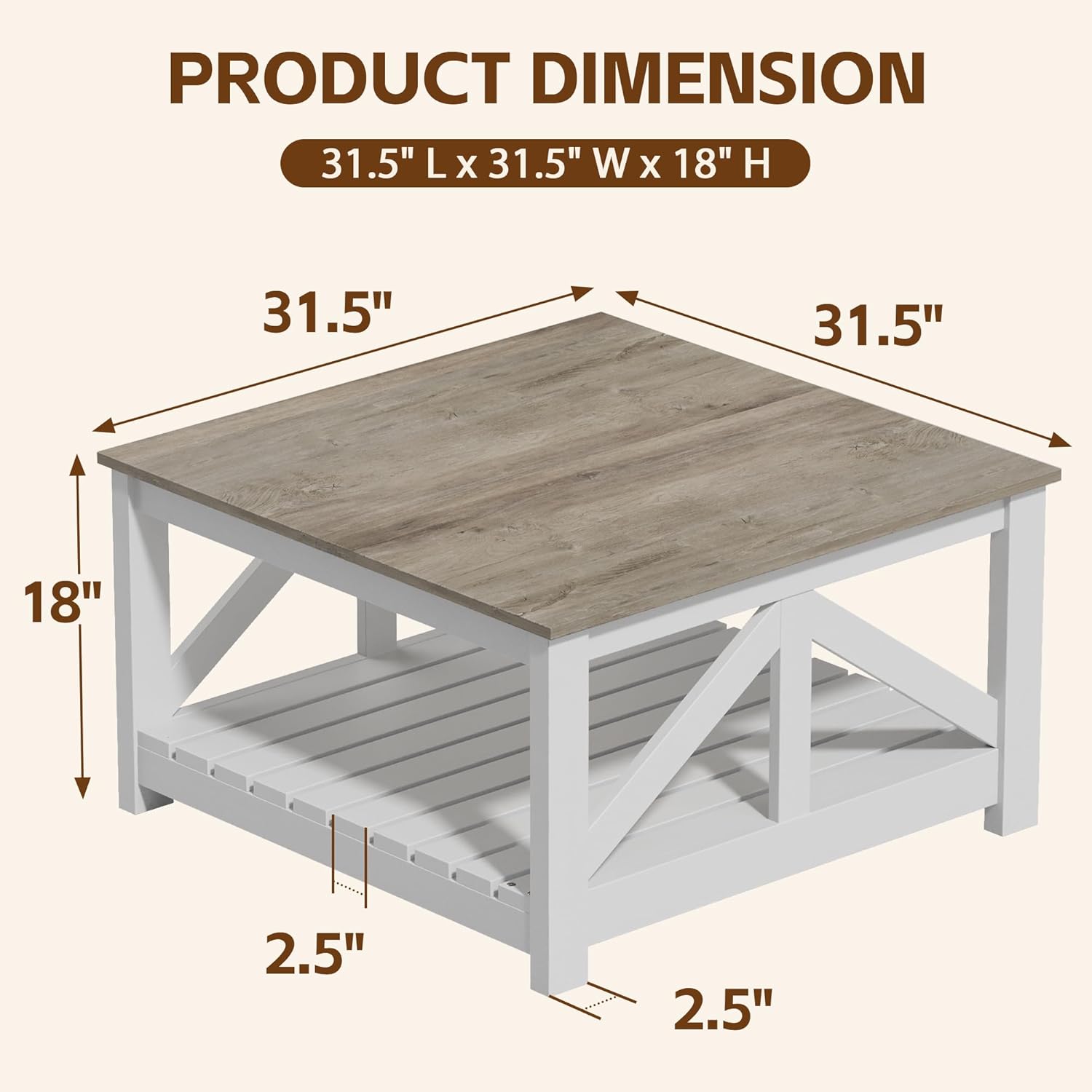 JUMMICO Square Coffee Table with Dual Storage Compartments, Modern Wood Cocktail Table for Living Room, Farmhouse Lounge & Office Reception (Gray & White)