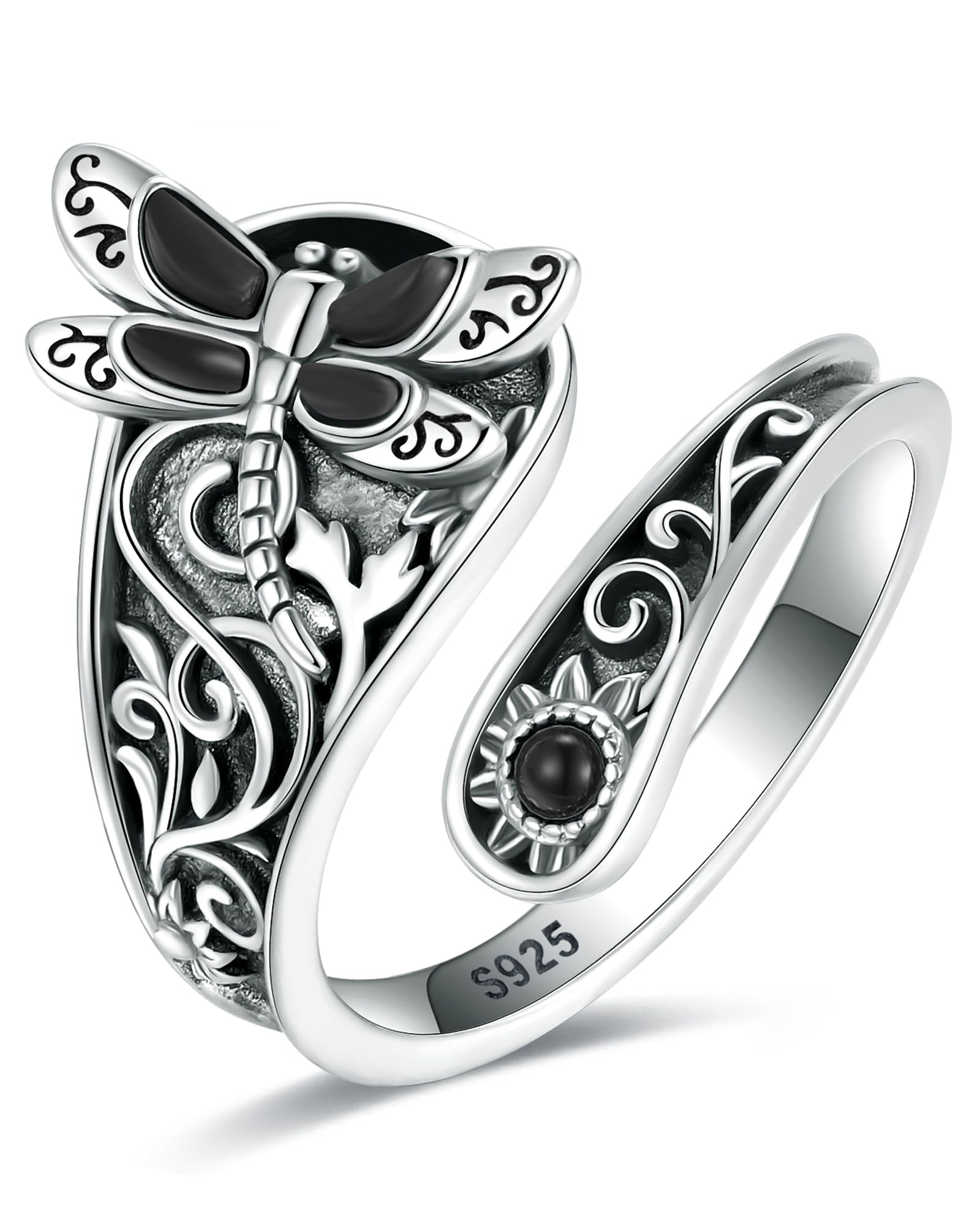 S925-Sterling-Silver Turquoise Dragonfly/Butterfly Spoon Ring - Vintage Boho Sunflower Thumb Rings Oxidized Wrap Ring Victorian Style Antique Floral Jewelry Gifts for Women