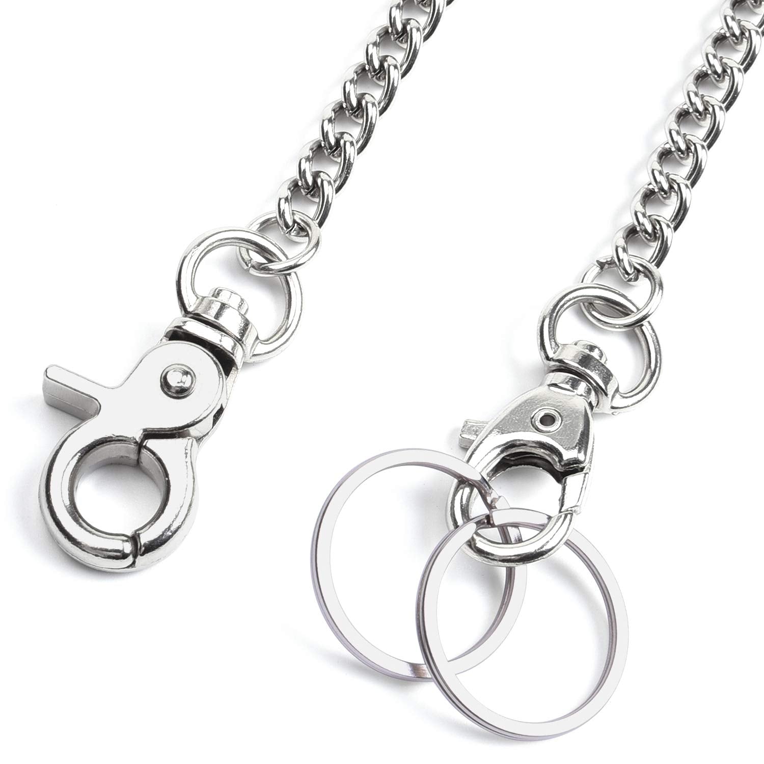 Wisdompro Wallet Chain, 2 Pack (8 and 16 Inch) Heavy Duty Pocket Keychain with Both Ends Lobster Clasps and Extra 2 Rings for Keys, Wallet, Jeans, Pants, Belt Loop, Purse and Handbag - Silver