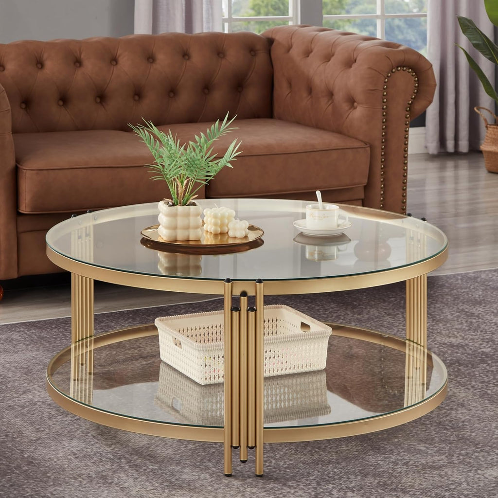 Gold Glass Coffee Table for Living Room, 36" Round Glass Coffee Table with Metal Frame, 2 Tier Circle Coffee Table for Home, Office, Apartment