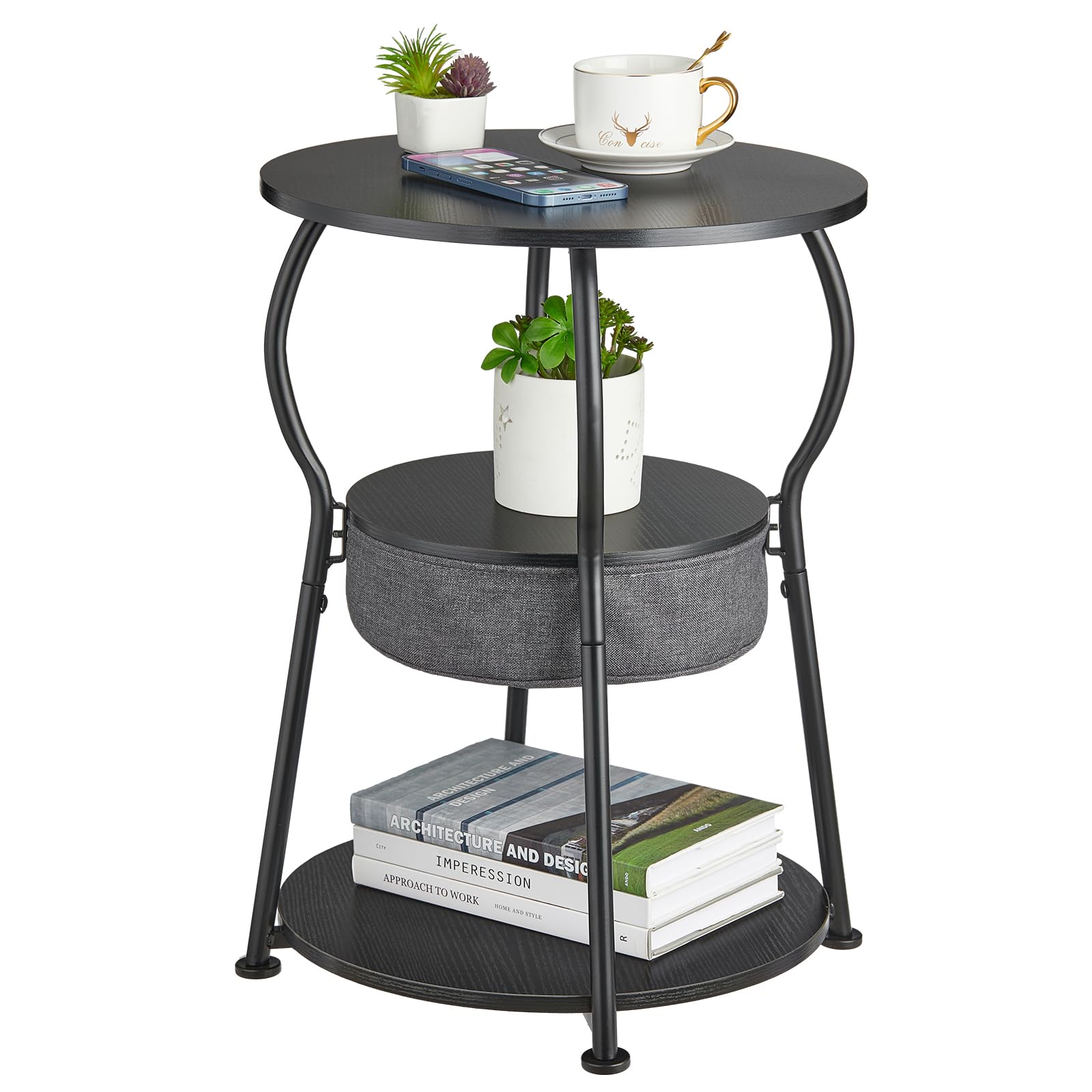Small Round Side Table with Storage Bag, 3-Tier Accent Round End Table with Four Storage Functions for Living Room, 21.6" H Vintage Smalls Corner Table for Small Spaces Nightstand Bedroom