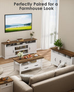 Amada Coffee Table for Living Room, 39.4" Small Coffee Table with Storage, Open Display Shelf and Hidden Drawers, Farmhouse Wood Center Table Ideal for Home Office, White and Oak