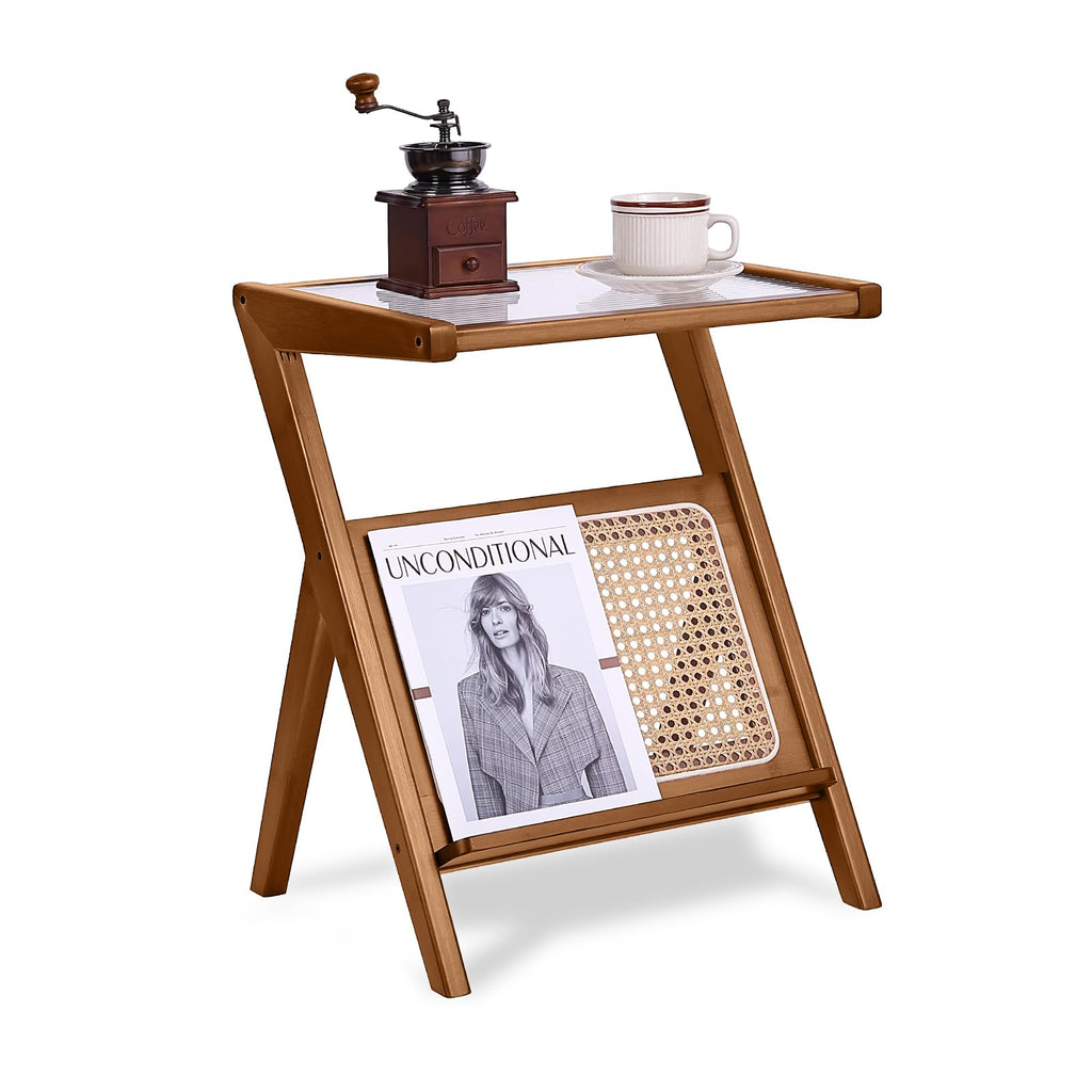 Tiita Rattan Side Table, Mid Century Nightstand, Bamboo Accent Bedside Tables, Glass Coffee Tables, Boho Wooden End Table with Storage for Small Space, Living Room and Bedroom