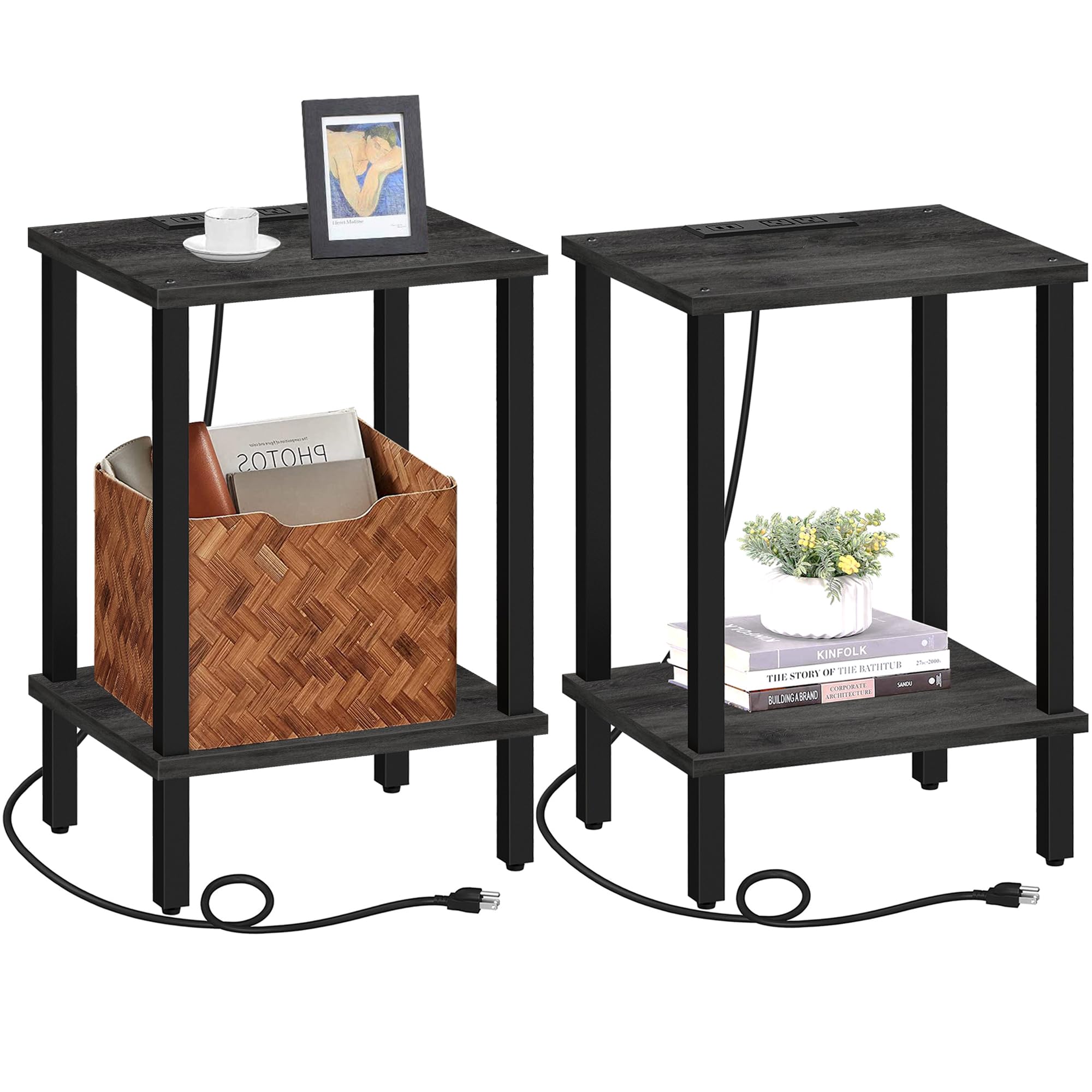 TUTOTAK End Table with Charging Station, Side Table with USB Ports and Outlets, Nightstand, 2-Tier Storage Shelf, Sofa Table for Small Space TB01BB040