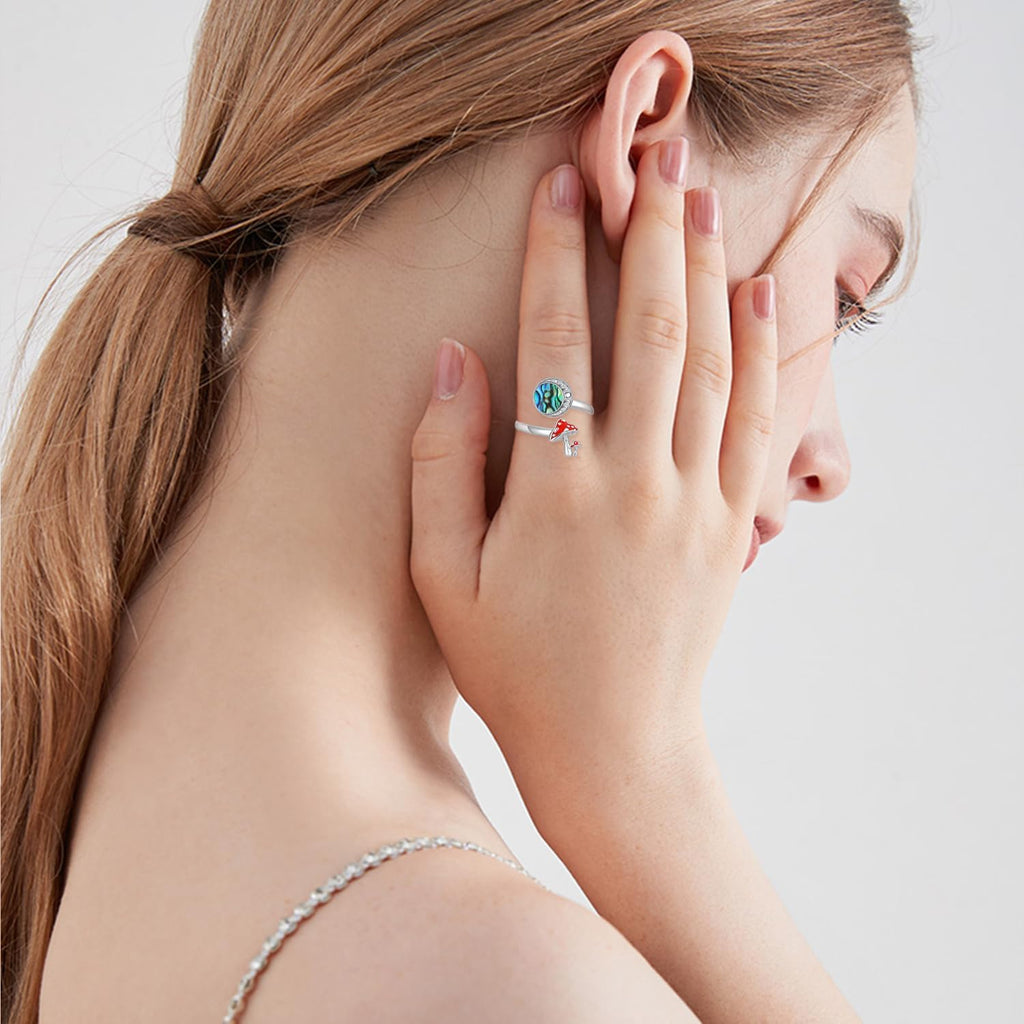 Moon Mushroom Ring for Women,925 Sterling Silver Magical Red Mushroom Rings Moon Phase Open Rings,Anniversary Birthday Gifts for Women Teen Mom