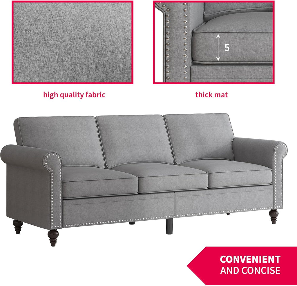 MUZZ 3PCS Sofa Set for Living Room,Modern Linen Couch Set with Nailhead Trim Design, Living Room Furniture Set for Office Apartment Home(Sofa & Loveseat & Chair/Light Grey)