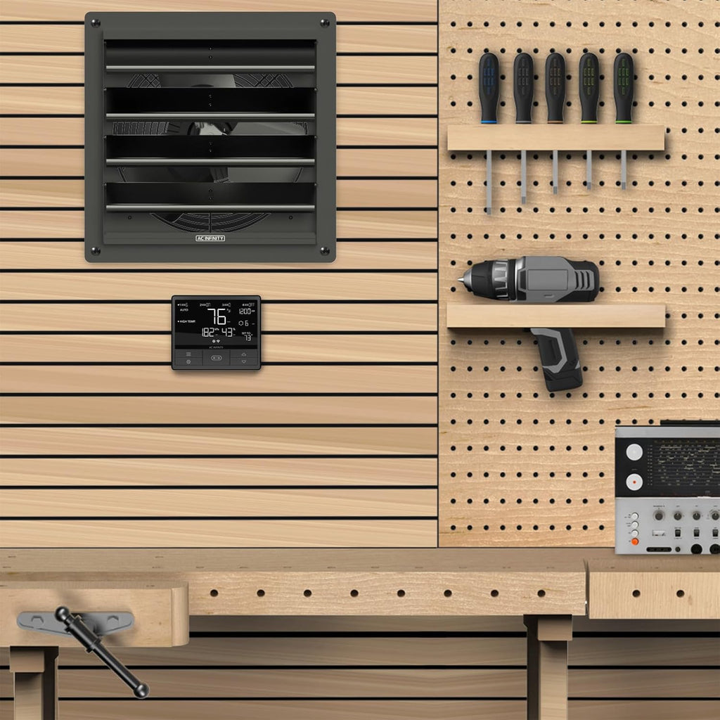 AC Infinity AIRLIFT T12, Shutter Exhaust Fan 12" with WiFi Temperature Humidity Controller, EC-Motor Wall Mount Ventilation and Cooling for Sheds, Attics, Workshops, and Greenhouses