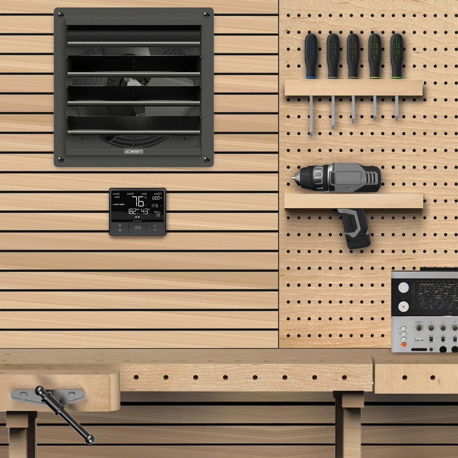 AC Infinity AIRLIFT T12, Shutter Exhaust Fan 12" with WiFi Temperature Humidity Controller, EC-Motor Wall Mount Ventilation and Cooling for Sheds, Attics, Workshops, and Greenhouses