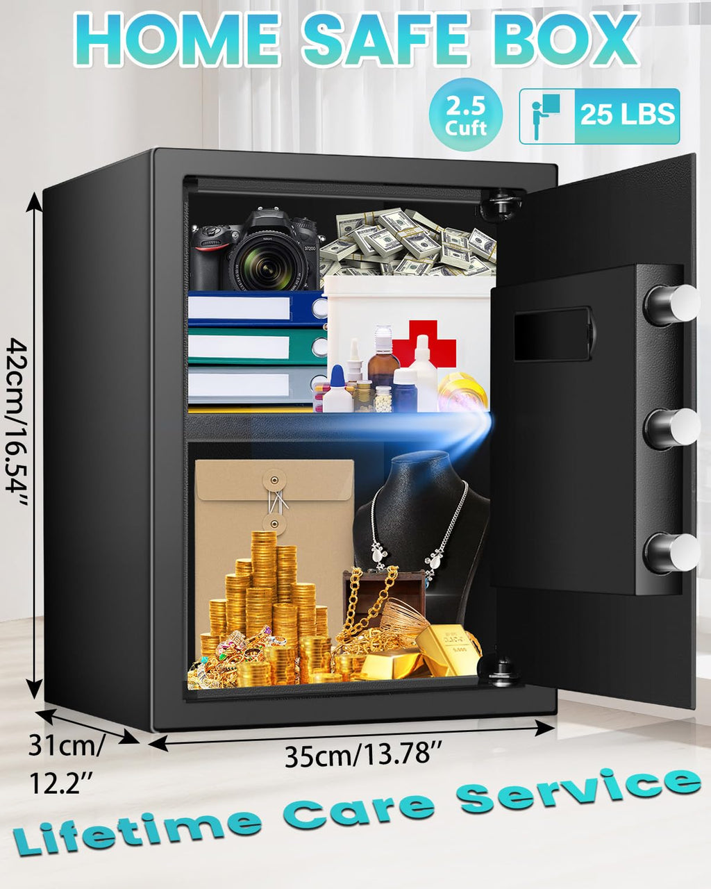 2.5 Cuft brandsikker boks, pengeskab til hjemmet med brandsikker vandtæt taske, tyverisikring digital sikkerhedsboks med smart alarmsystem, aftagelig hylde, mute-funktion, personlig pengeskab til pengesmykker