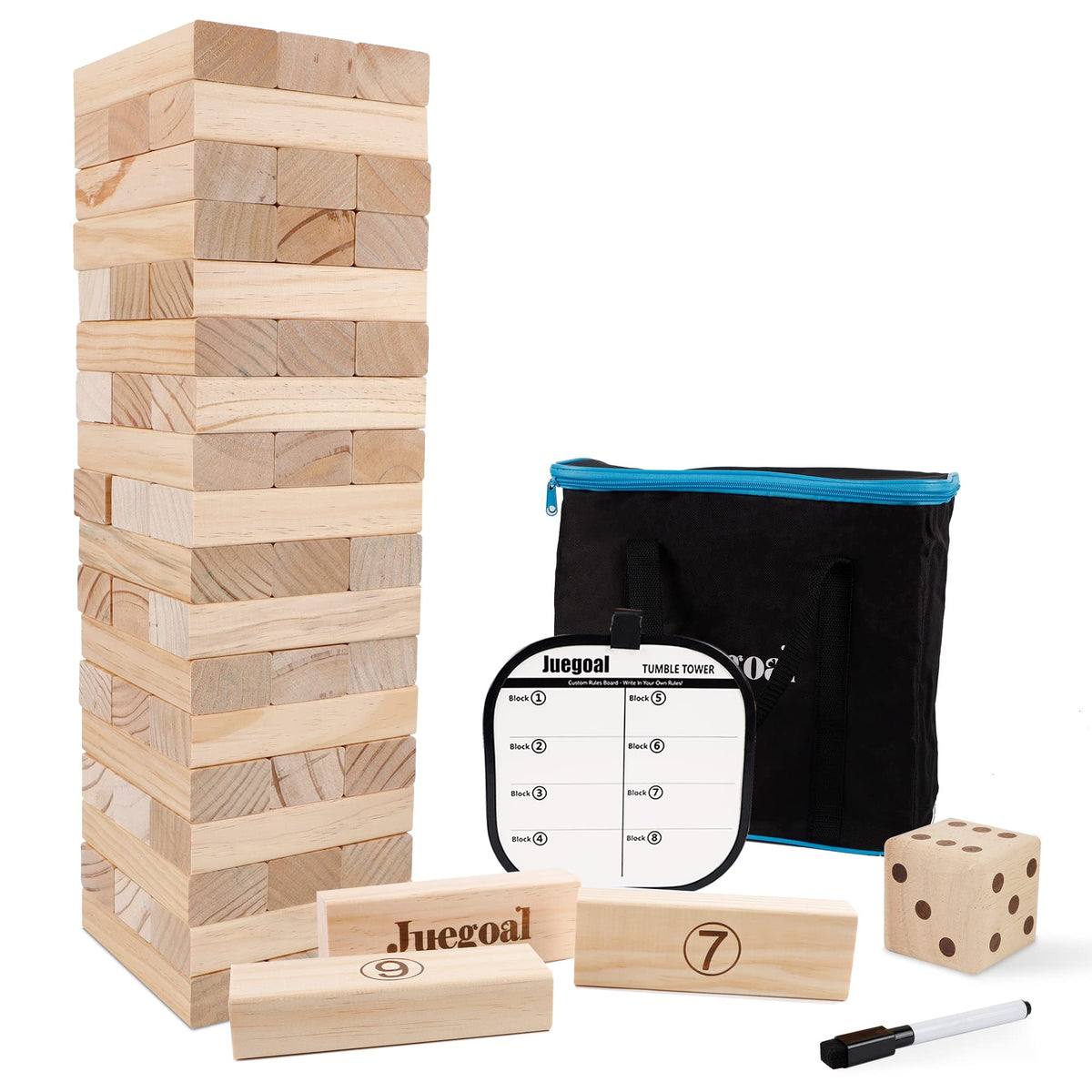 Jogo Juegoal 54 Peças Torre Gigante de Blocos de Queda Jogo Gigante de Empilhamento de Madeira com 1 Dado Conjunto Bolsa de Lona para Adultos, Crianças, Família