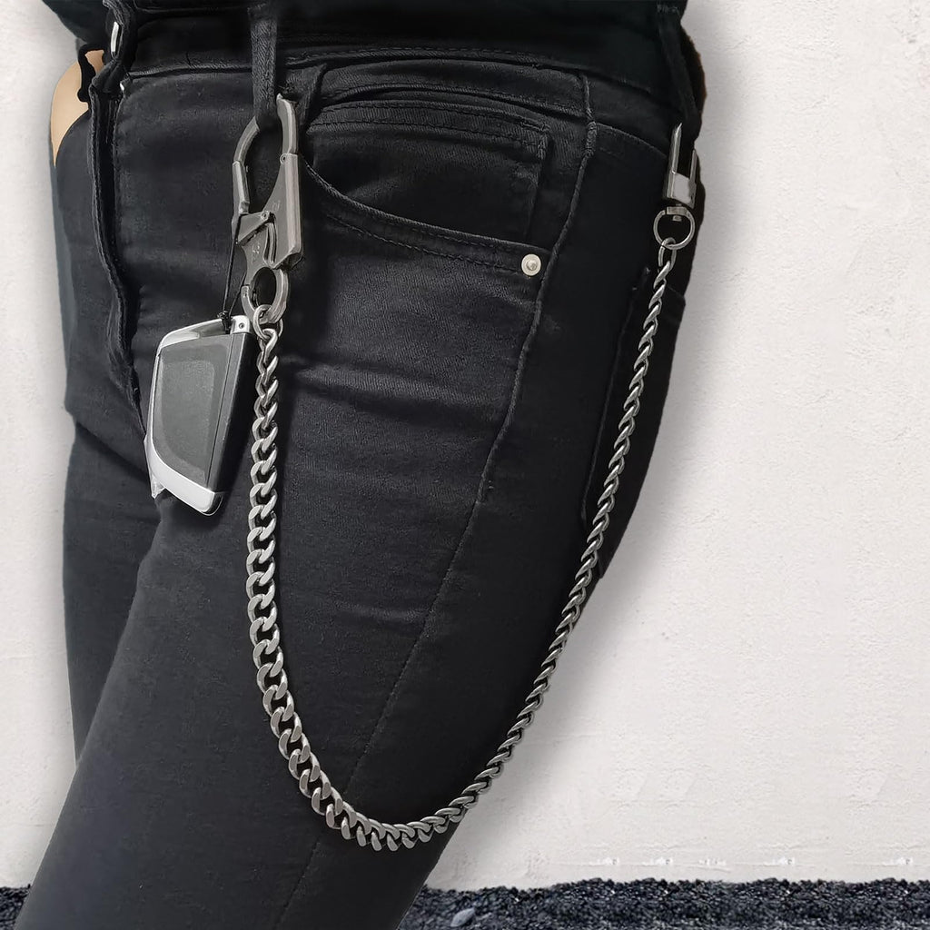 Ahiller pungkæde til mænd, låsbar karabinhage med wolframstålspids, kraftig kæde til nøgle og lomme, bæltekæder (DK-keyclip-Black-1PCS)
