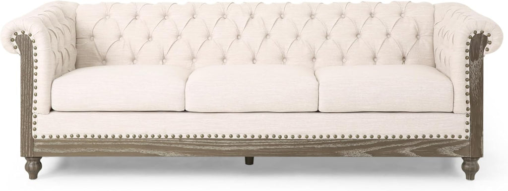 Merax Chesterfield Sofa, Retro Style Upholstered 3 Seater Rolled Arm Couch for Living Room Bedroom Office, Beige