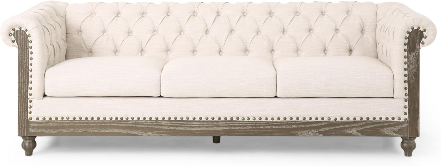 Merax Chesterfield Sofa, Retro Style Upholstered 3 Seater Rolled Arm Couch for Living Room Bedroom Office, Beige