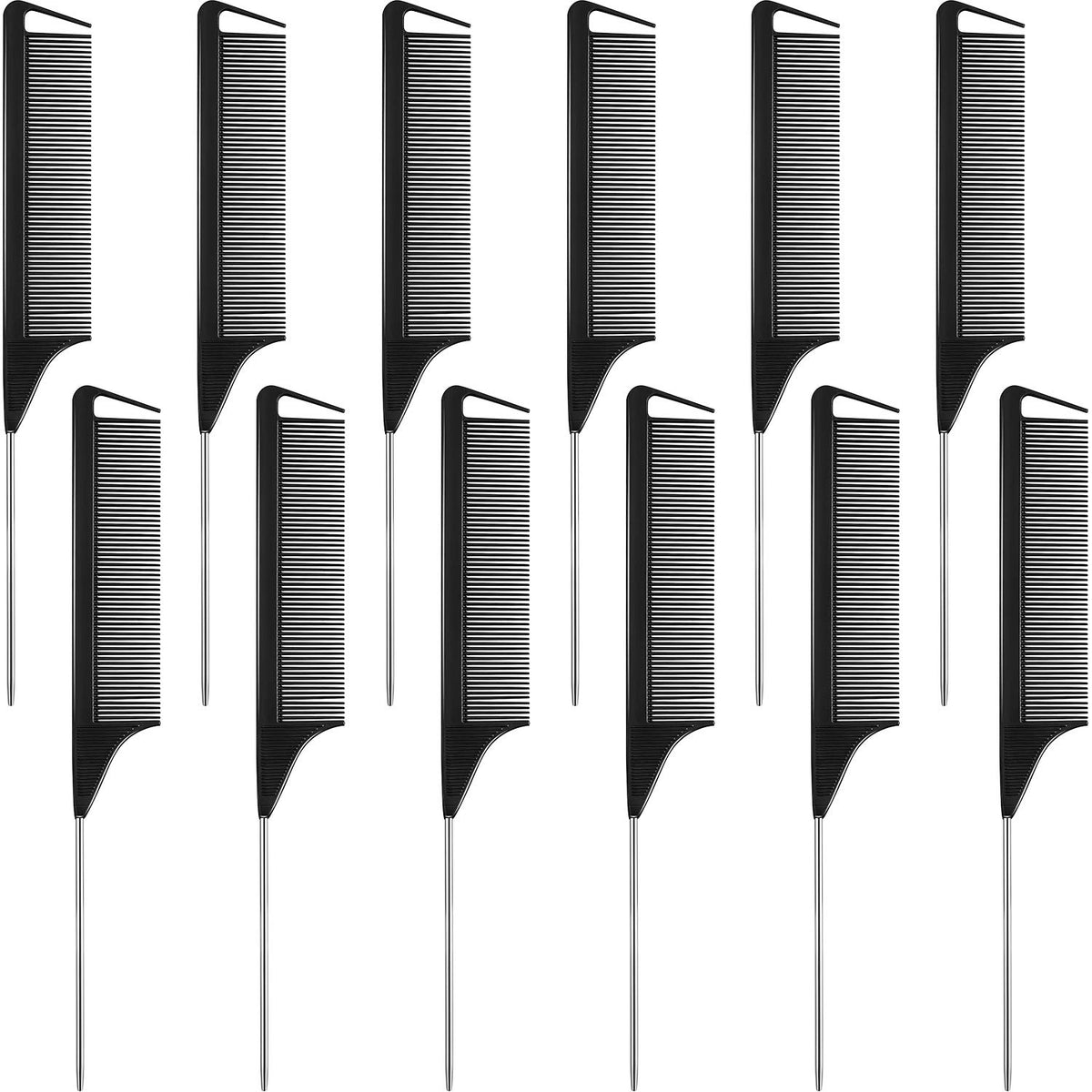 Boao 12 Packs Rat Tail Combs Black Hair Comb Stainless Steel Pin Tail Carbon Fiber Heat Resistant for Women Braids Hair Styling(Black)