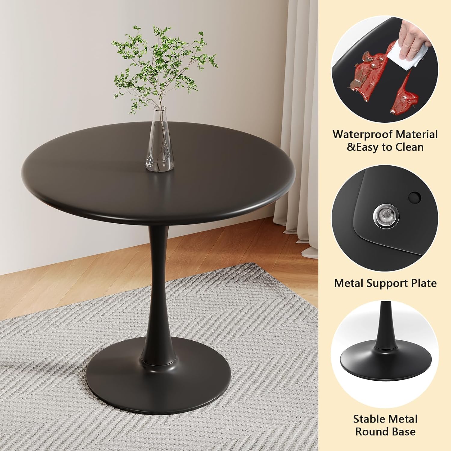 24 Inch Black Small Tulip Table, Round Dining Table for 2 Person with Pedestal for Kitchen, Circle Bistro Table, Mid Century Modern Cafe Tables for Small Spaces in Living Room, Office, Coffee,Pub, Bar