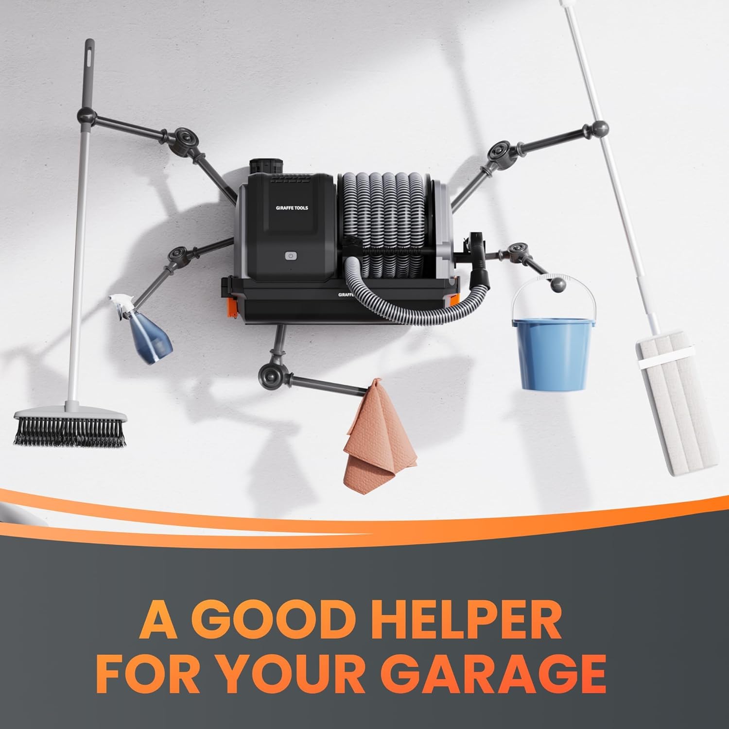 Giraffe Tools Grandstorm Retractable Vacuum with 30 FT Hose Anti-Kink, Wall-Mounted Vacuum Cleaner with 6 Nozzles for Garage Detailing Remote Control Shop Vac, Grey