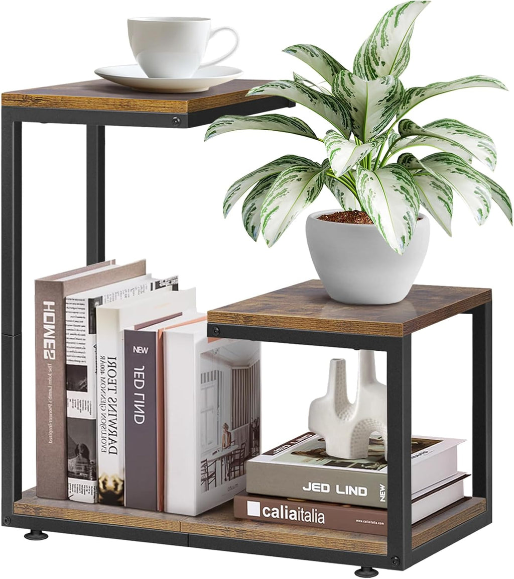 G-Shaped Side Table with Thick Metal Frame, 3-Tier End Table for Sofa Bedside Table with Storage, Corner Table Coffee Table for Bedroom Living Room Kitchen (Rustic Brown)