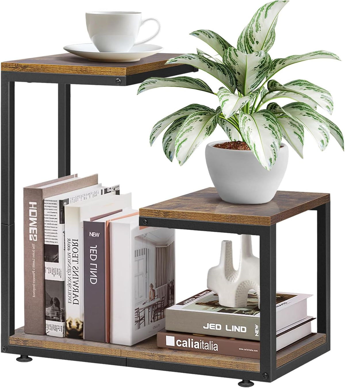 G-Shaped Side Table with Thick Metal Frame, 3-Tier End Table for Sofa Bedside Table with Storage, Corner Table Coffee Table for Bedroom Living Room Kitchen (Rustic Brown)