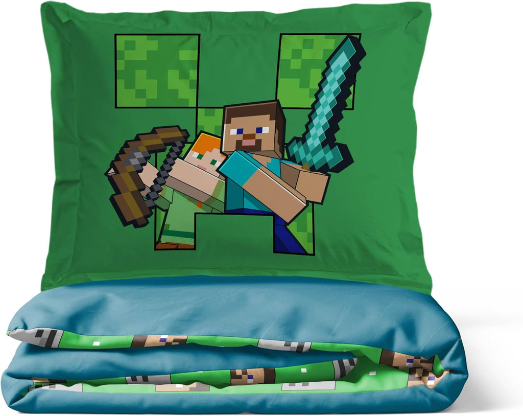 Jay Franco Kids Duvet Cover Set – 3 Piece Super Soft Bedding with Sham Pillowcase, Cover ONLY Comforter Not Included, Blue - Minecraft, Full