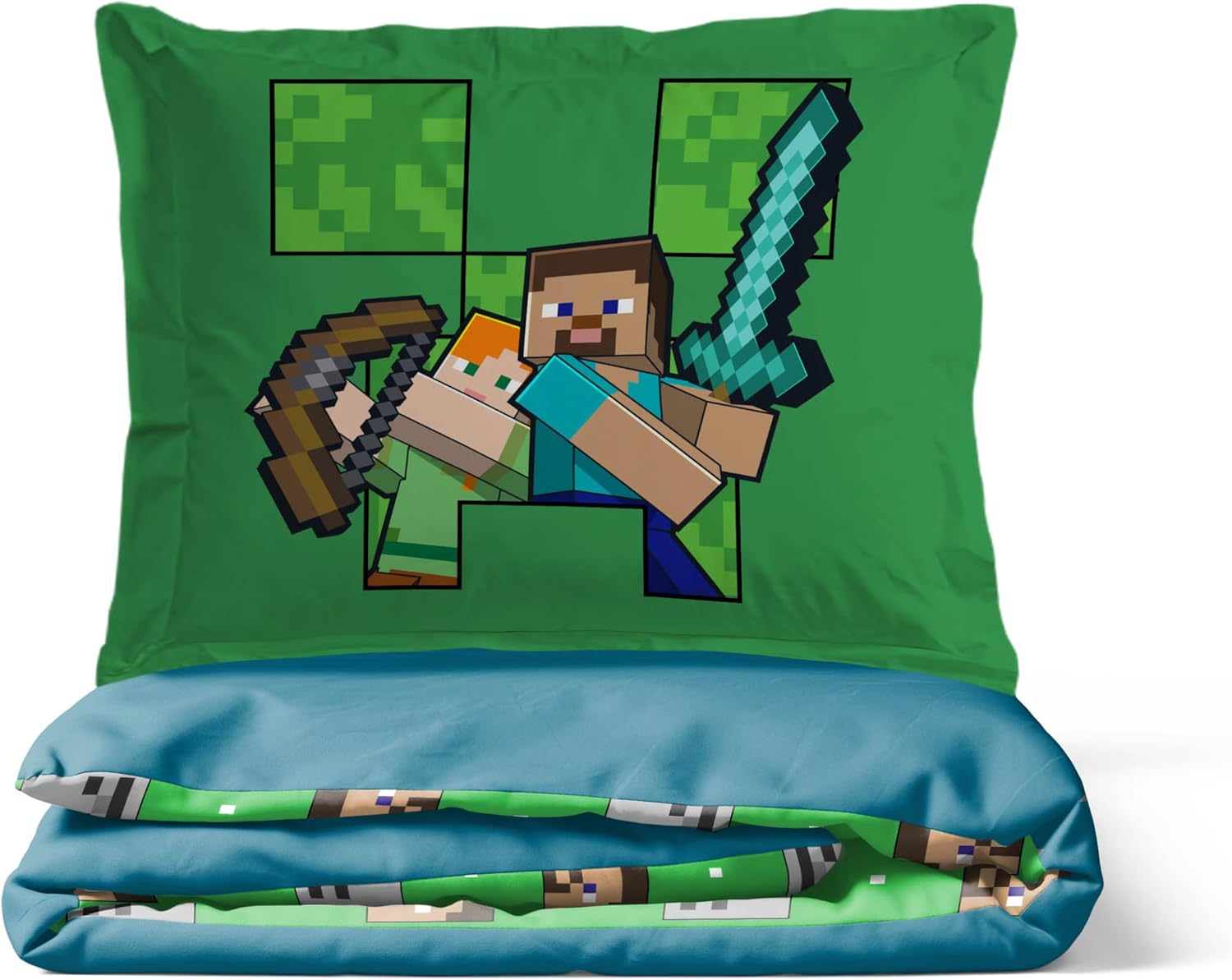 Jay Franco Kids Duvet Cover Set – 3 Piece Super Soft Bedding with Sham Pillowcase, Cover ONLY Comforter Not Included, Blue - Minecraft, Full