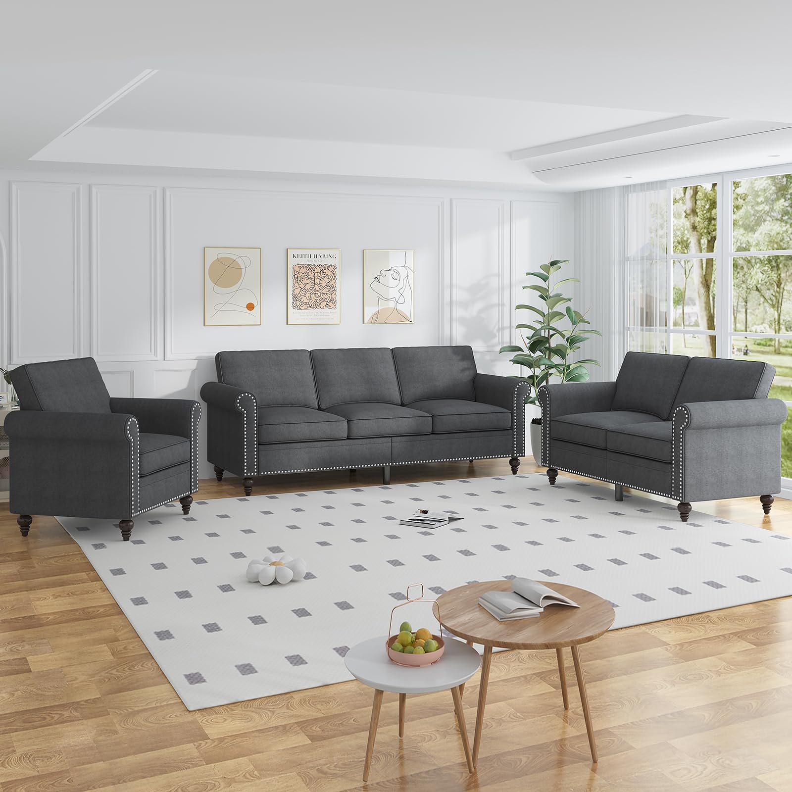 MUZZ 3PCS Sofa Set for Living Room,Modern Linen Couch Set with Nailhead Trim Design, Living Room Furniture Set for Office Apartment Home(Sofa & Loveseat & Chair/Light Grey)