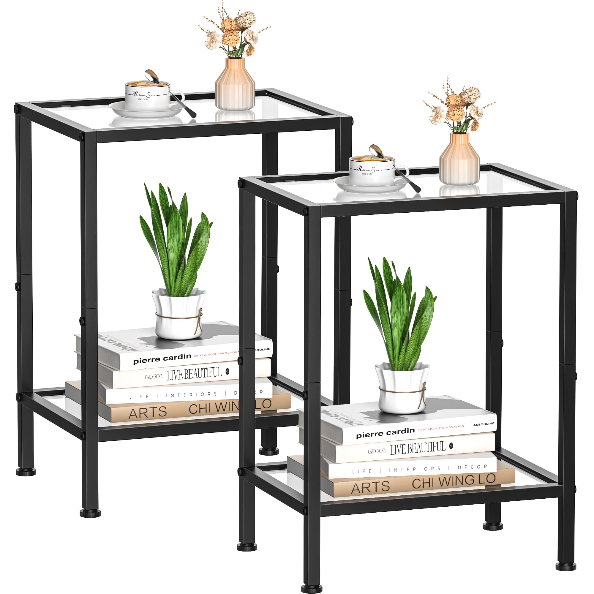 Gold Side Table, Tempered Glass End Table, 2-Tier Nightstands with Open Shelves, Small Coffee Table with Modern Style, Accent Table Small Table Sofa Table for Living Room, Bedroom