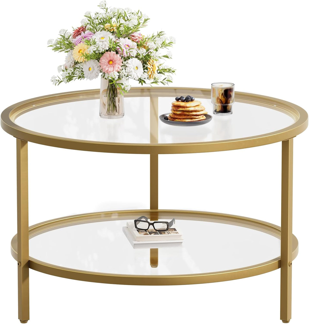SAYGOER Round Glass Coffee Table 2 Tier Coffee Tables with Storage Shelf for Large or Small Space Modern Simple Center Table with Gold Frame for Living Room Home Office, Easy Assembly…