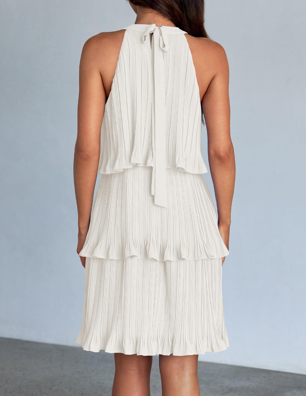 ZESICA Women's 2024 Summer Halter Dresses Sleeveless Ruffle Tiered Layered Chiffon Pleated A Line Swing Mini Dress,White,Small