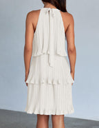 ZESICA Women's 2024 Summer Halter Dresses Sleeveless Ruffle Tiered Layered Chiffon Pleated A Line Swing Mini Dress,White,Small