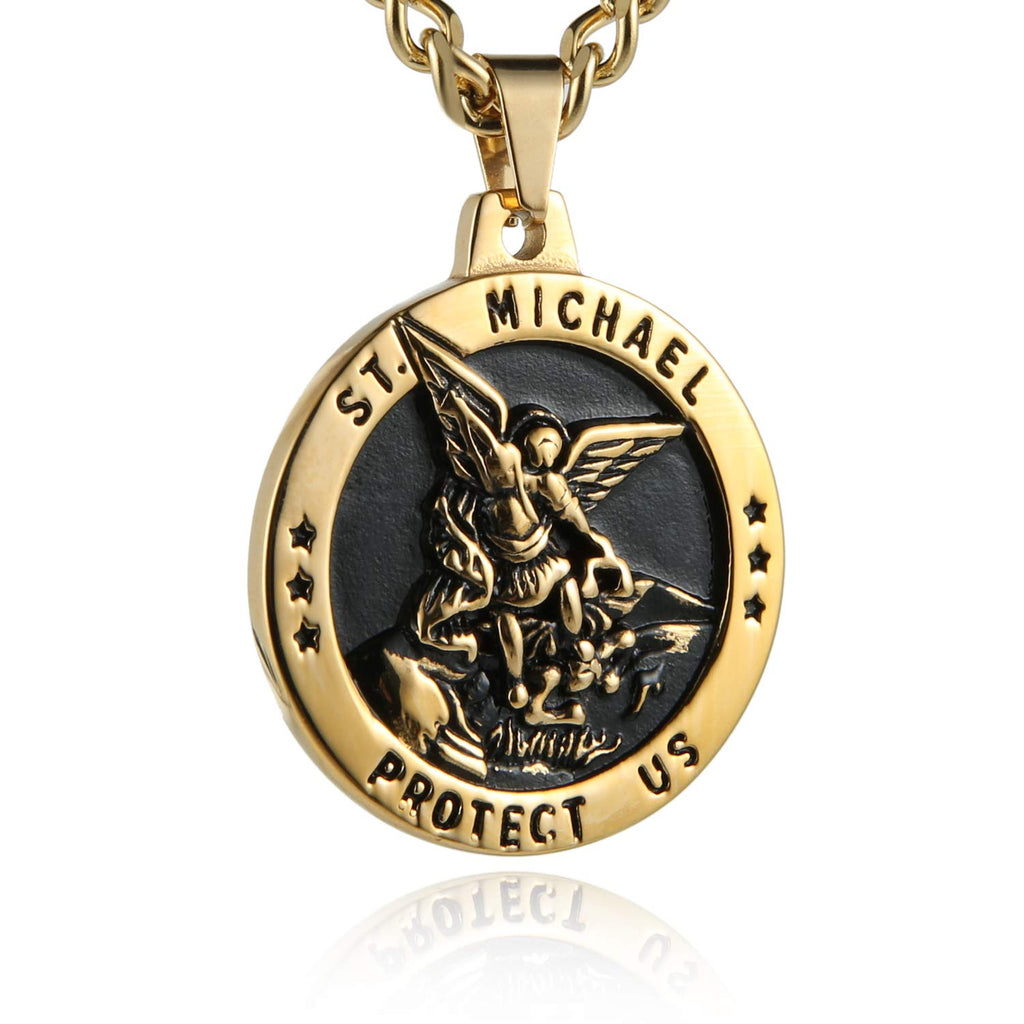 HZMAN St Michael The Archangel Catholic Medal Stainless Steel Amulet Pendant Necklace 22+2" Rolo Curb Chain