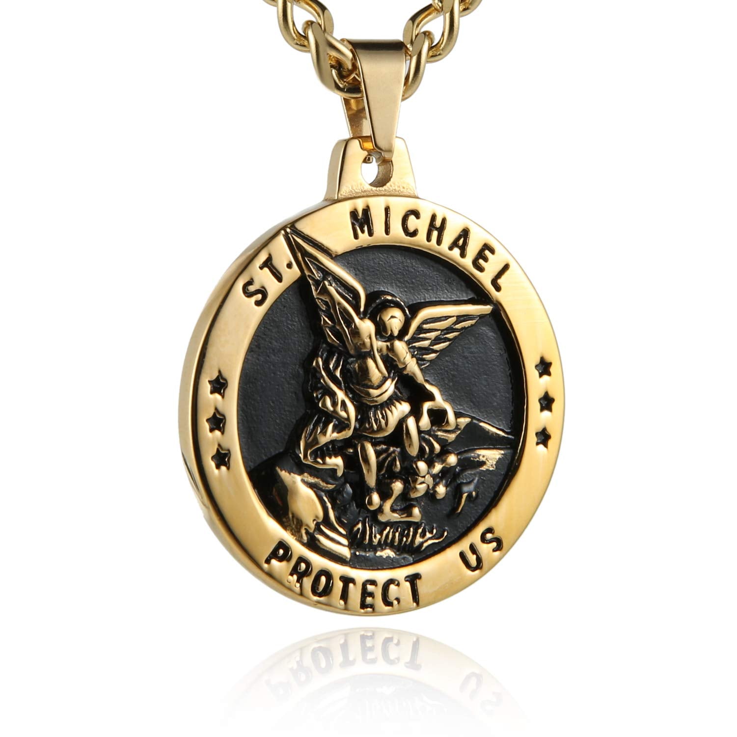 HZMAN St Michael The Archangel Catholic Medal Stainless Steel Amulet Pendant Necklace 22+2" Rolo Curb Chain