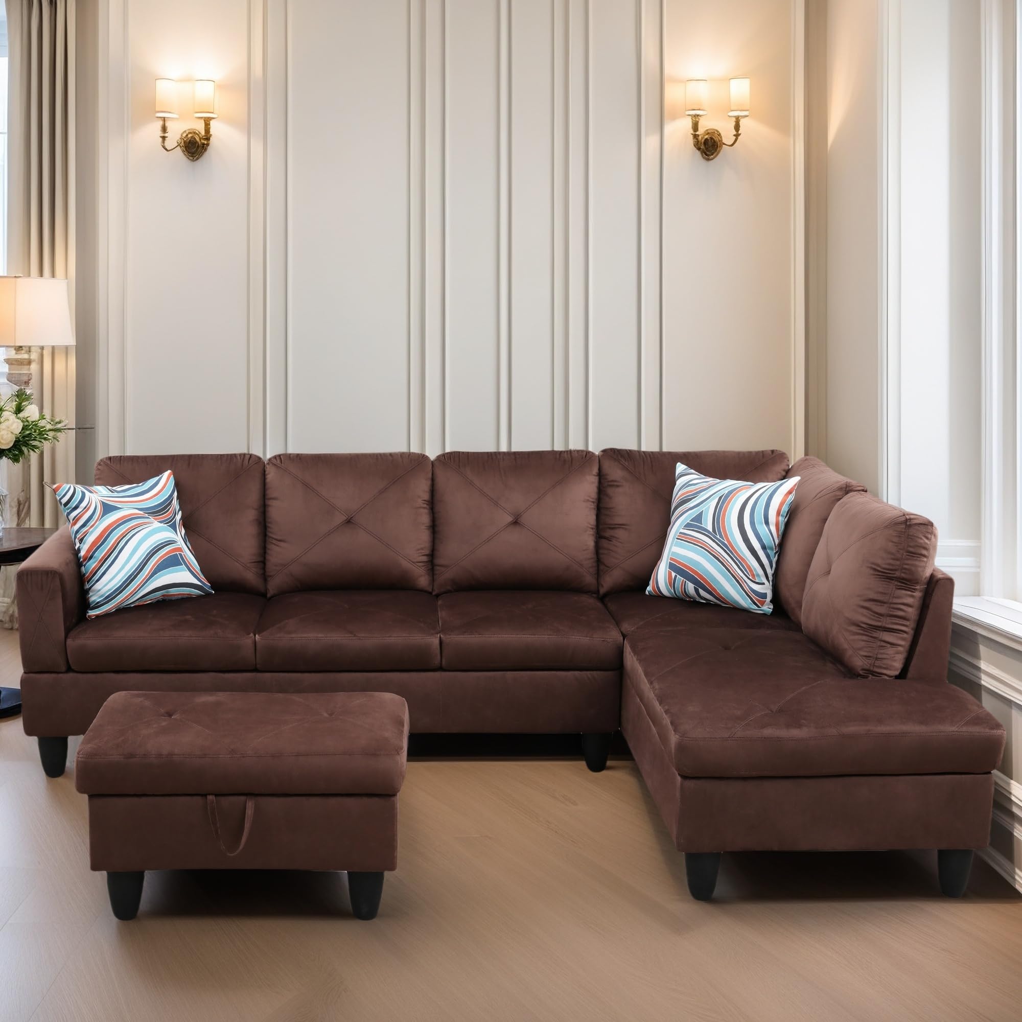 Leather Sectional Couch, Modern L Shaped Couches for Living Room, Comfy 4 Seat Modular Sectional Sofa with Ottoman Storage for Bedroom Apartment, Black