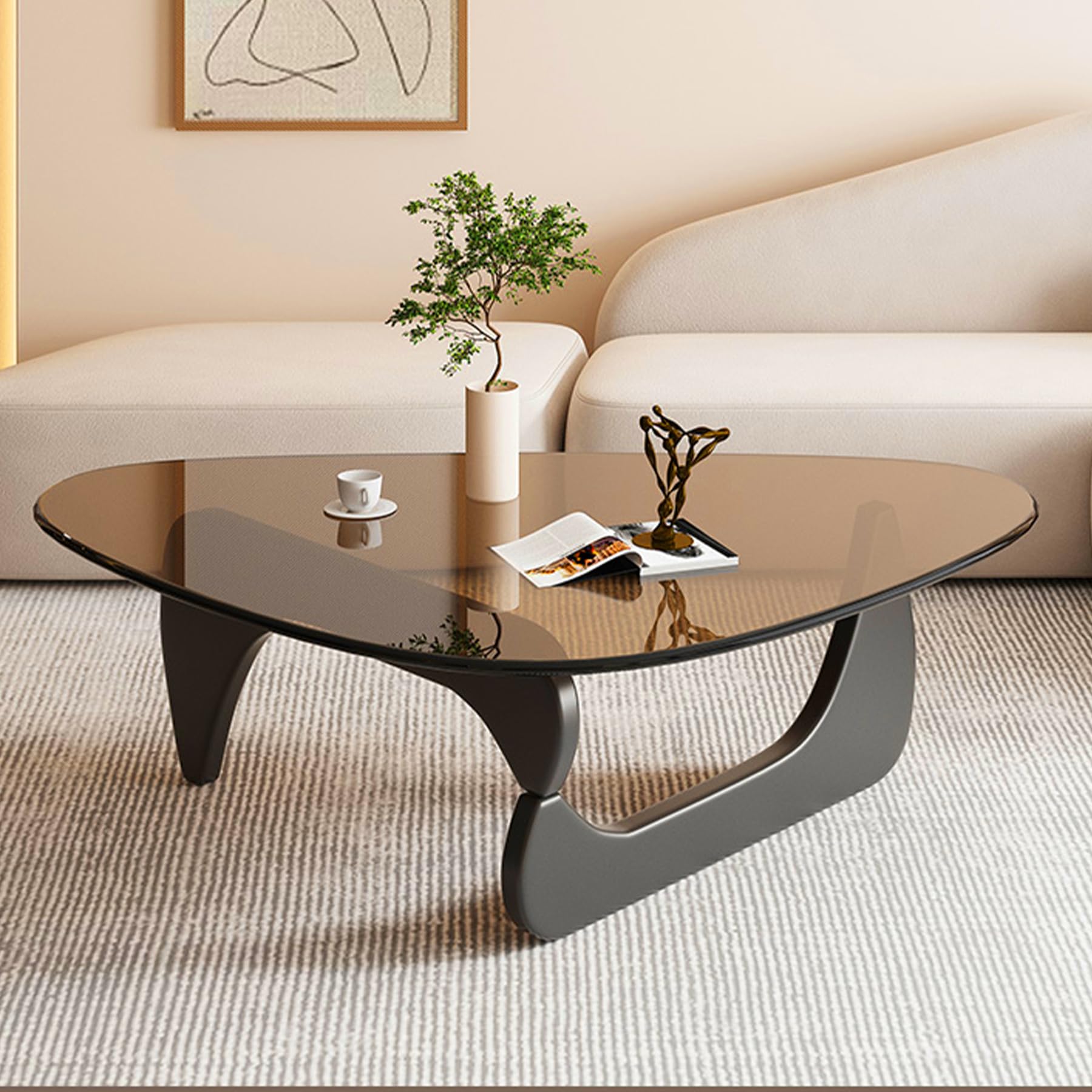 Coffee Tables for Living Room - Triangle Glass Coffee Table with Wooden Base Mid-Century Modern Abstract End Table for Study Room Office Hotel Balcony (Walnut Transparent, Small 32.2 * 22.4 * 16in)