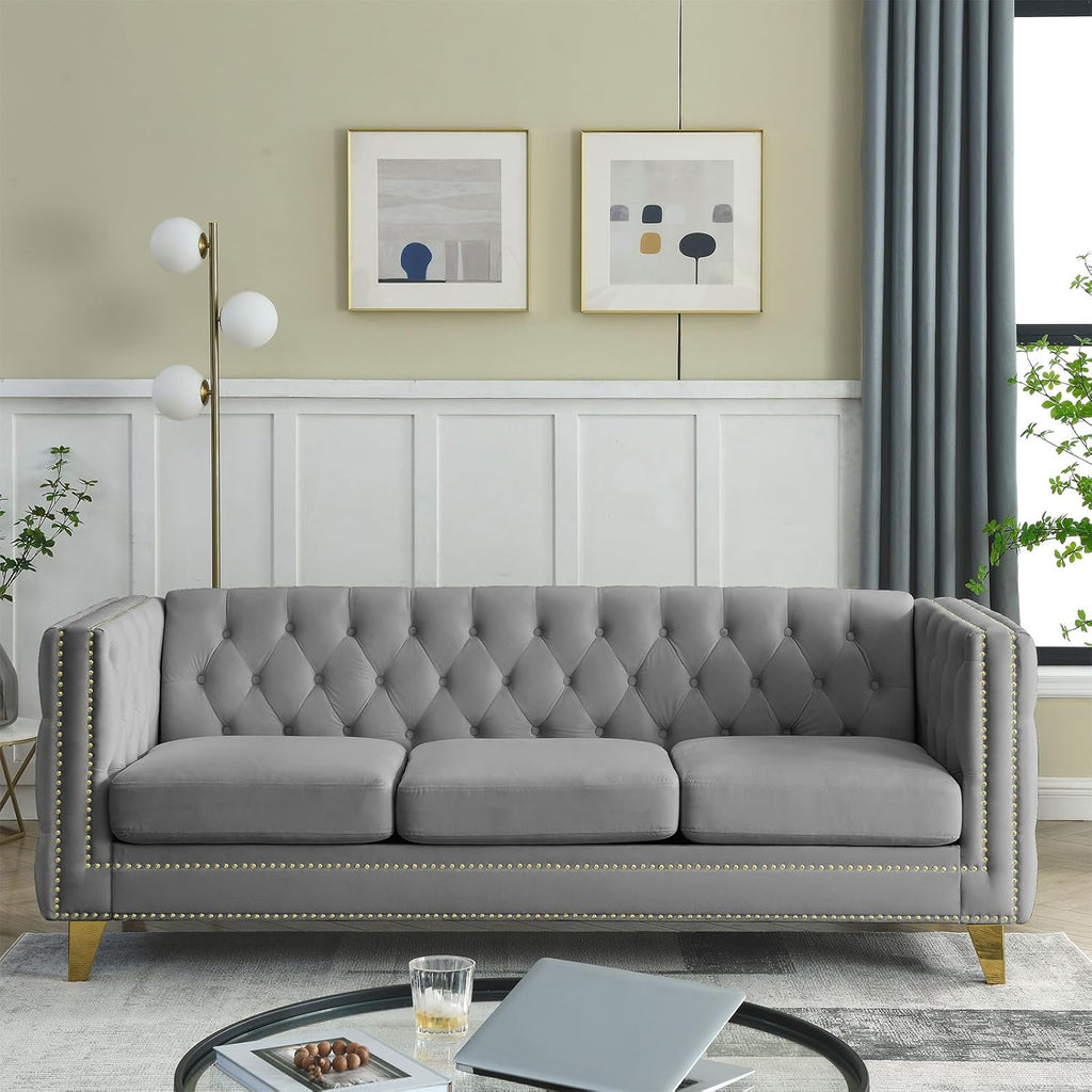 Chesterfield Sofa,Oversized Velvet Sofa Couch,Deep Seat 3 Seater Sofa,Modern Sofa Chair with Button Nailhead,Upholstered Futon Couches,Furniture for Living Room,Bedroom,Office(Grey)