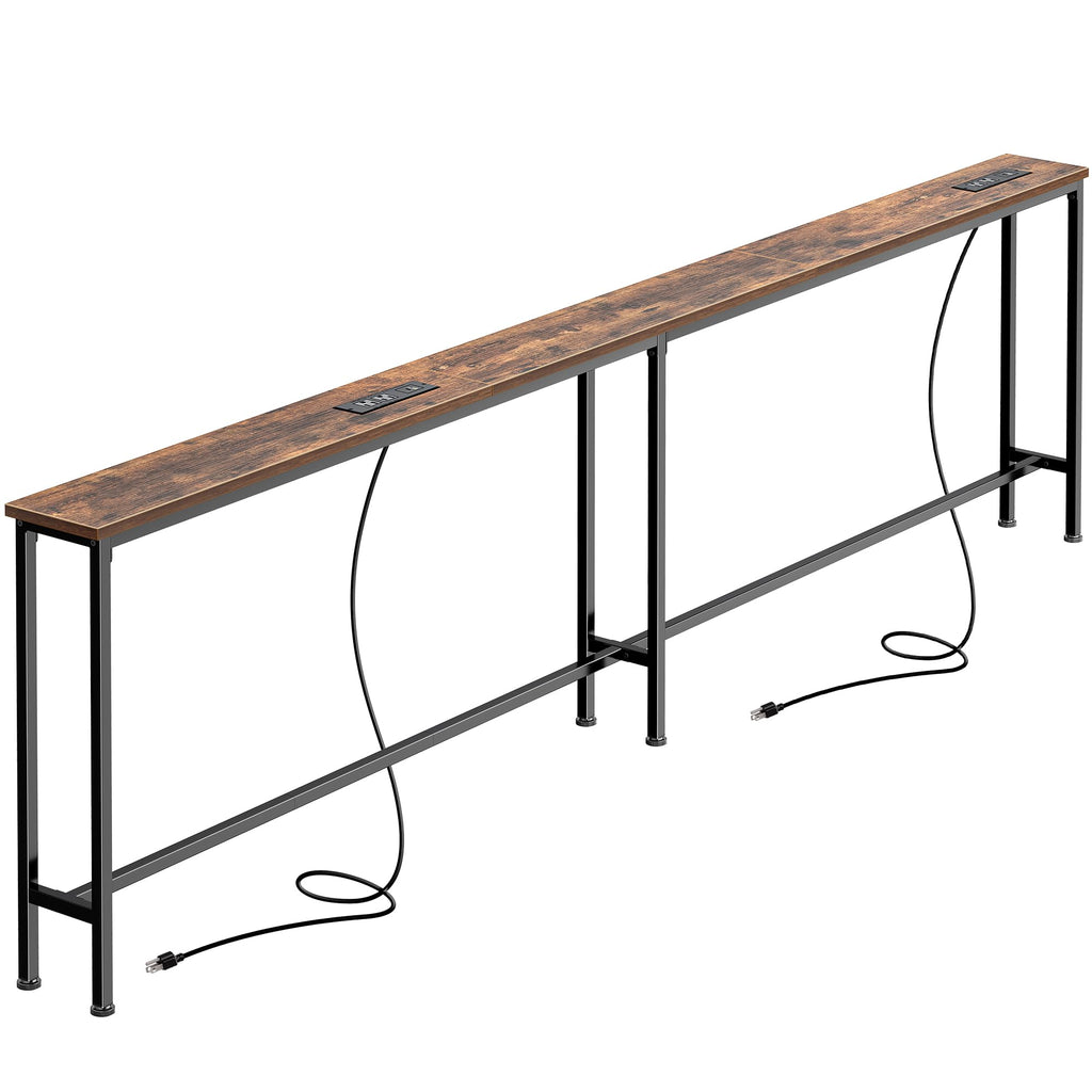 SUPERJARE 102 Inch Sofa Table with 2 Power Outlets and USB-C Ports, 5.9 Inch Narrow Console Table with Storage, Extra-Long, for Entryway Hallway Couch Behind Sofa, Small Spaces, Rustic Brown