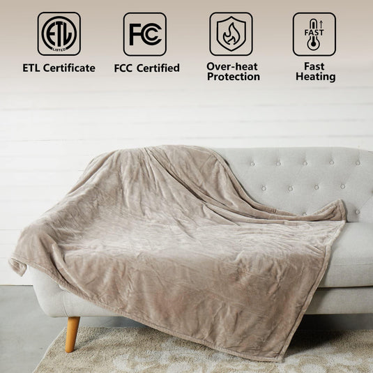 Tefici Electric Heated Blanket Throw, Super Cozy Soft 2-Layer Flannel 50" x 60" Heated Throw with 3 Heating Levels & 4 Hours Auto Off, Machine Washable, ETL&FCC Certified, Home Office Use,Camel