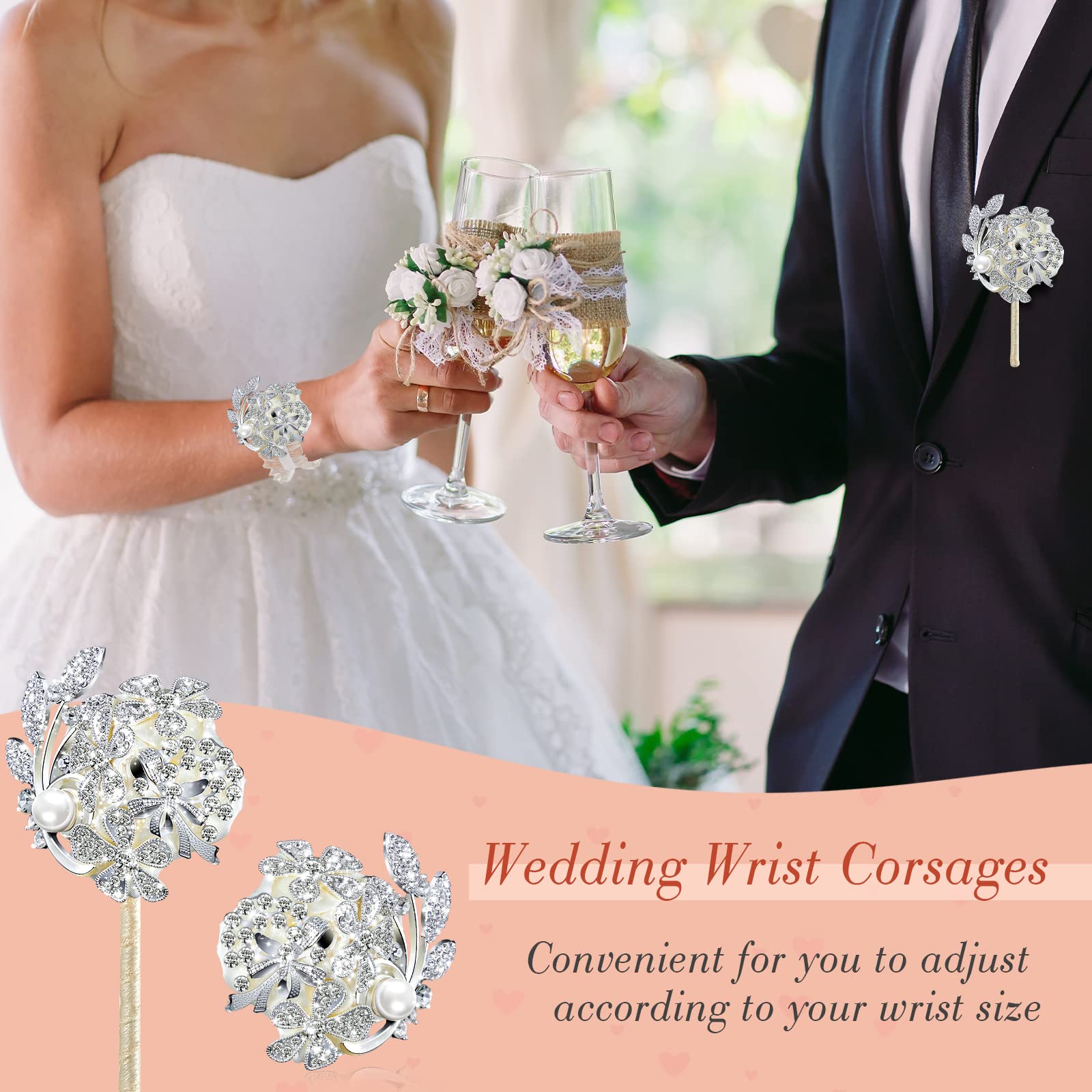 Yunsailing 2 stk kunstige corsager håndledsblomst rhinsten håndledscorsage kunstig silke corsage bryllupshåndledscorsage til bryllup boutonnierre håndledsblomster fest brudeshower (sølv elfenben)