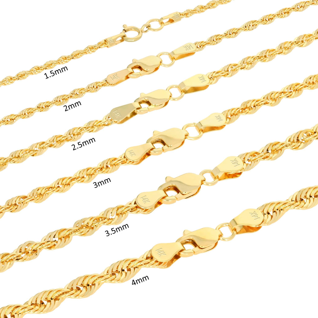 Nuragold 14K Real Yellow Gold Rope Diamond Cut Chain Lightweight Necklace 16"-30" (1.5mm-4mm) Italian Jewelry for Men & Women