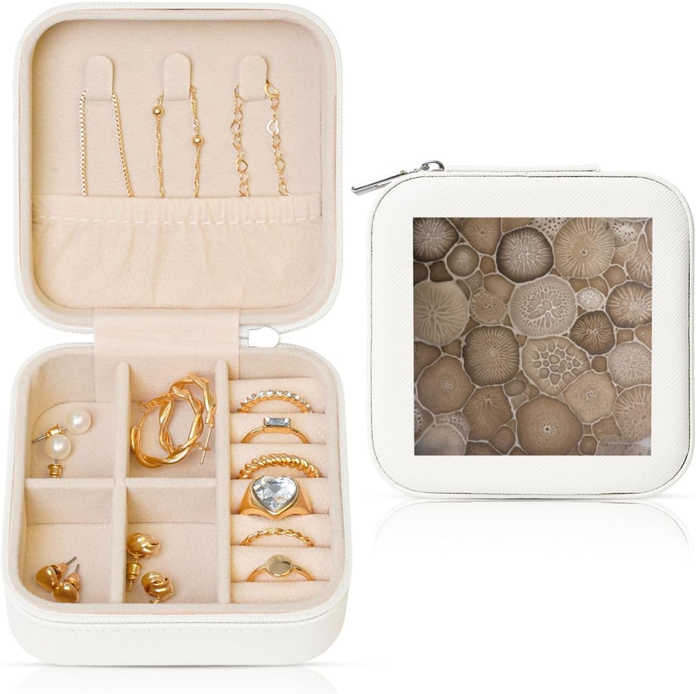 Petoskey Stone Printed Leather Jewelry Box, White Square Jewelry Organizer for Earrings, Rings, Necklaces, Bracelets