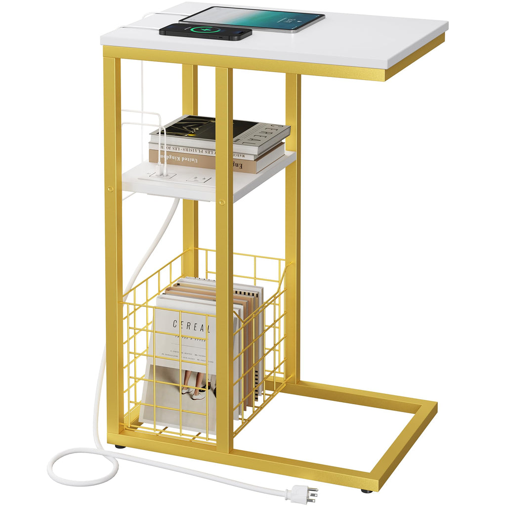 Vagusicc C Shaped End Table with Charging Station, Side Table for Couch, Small Side End Table for Small Spaces, 28" High Slide Under Sofa Table for Coffee, Tv Tray Table for Living Room, White