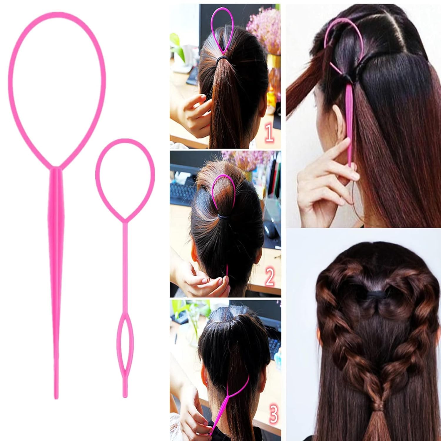 Aigee 8Pcs Hair Styling Combs Set Include 4Pcs Topsy Hair Tail Tools 2 Styles of Rat Tail Comb,1Pcs Bristle Teasing And Slick Back Hair Brush,1Pcs Edge Control Brush,Eyebrow Brush for Woman Girl Pink