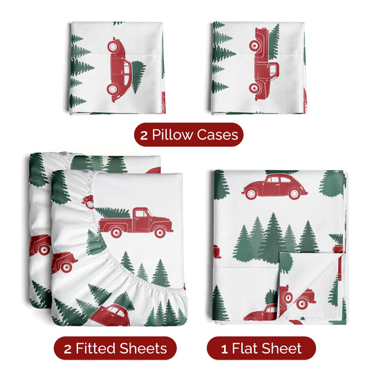 Queen Christmas Tree Sheet Set - Holiday Xmas Pattern Linen Set - Deep Pockets - Snug Fit - 4 Piece - Wrinkle Free - Comfy & Cooling Festive Winter Bedding - Easy To Care For - Kid Friendly